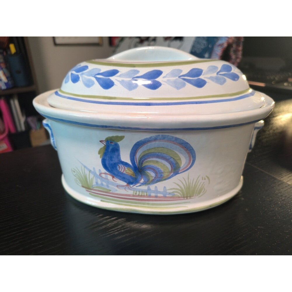 Vintage Henriot Quimper France Cordon Bleu Lidded Casserole Tureen Rooster 9.5"